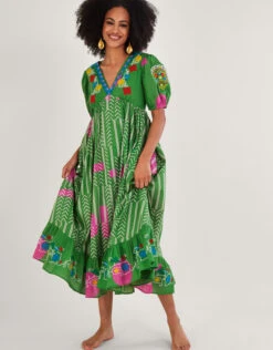 MONSOON Embroidered Chevron Artisanal Dress Green -Amour Fashion 21 54283707 1