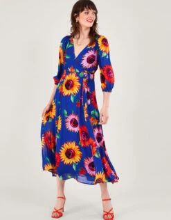 MONSOON Francesca Floral Print Wrap Dress In Sustainable Viscose Blue