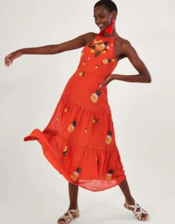 MONSOON Isabel Embellished Tiered Midi Dress In Recycled Polyester Orange -Amour Fashion 21 54286515 1