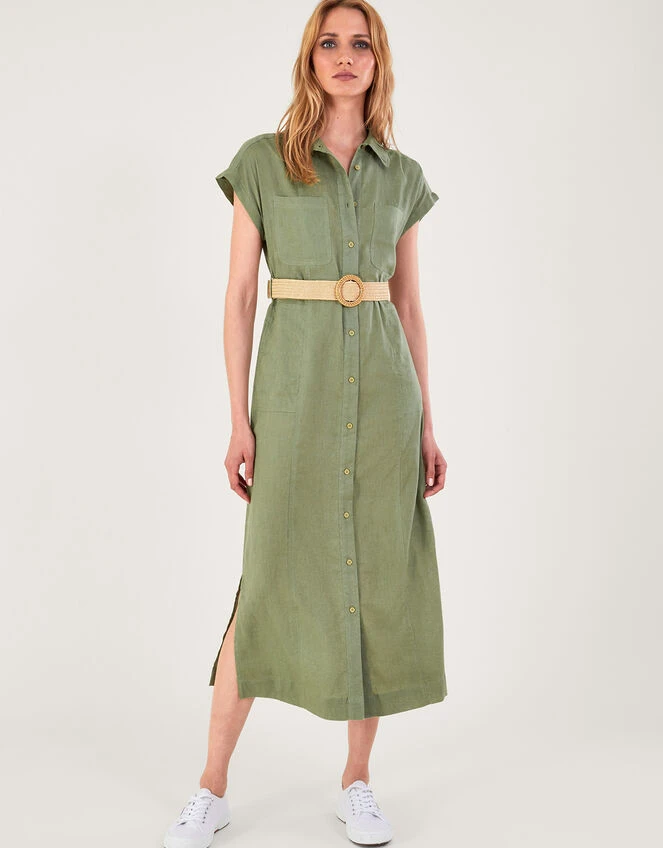 MONSOON Belted Midi Dress In Linen Blend Green 3 MONSOON Belted Midi Dress In Linen Blend Green