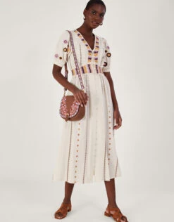 MONSOON Crochet Trim Midi Dress In Linen Blend Natural