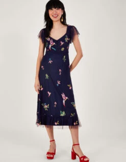 MONSOON Helena Embellished Tea Dress In Recycled Polyester Blue
