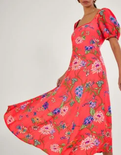 MONSOON Regina Floral Print Tea Dress With Sustainable Viscose Orange