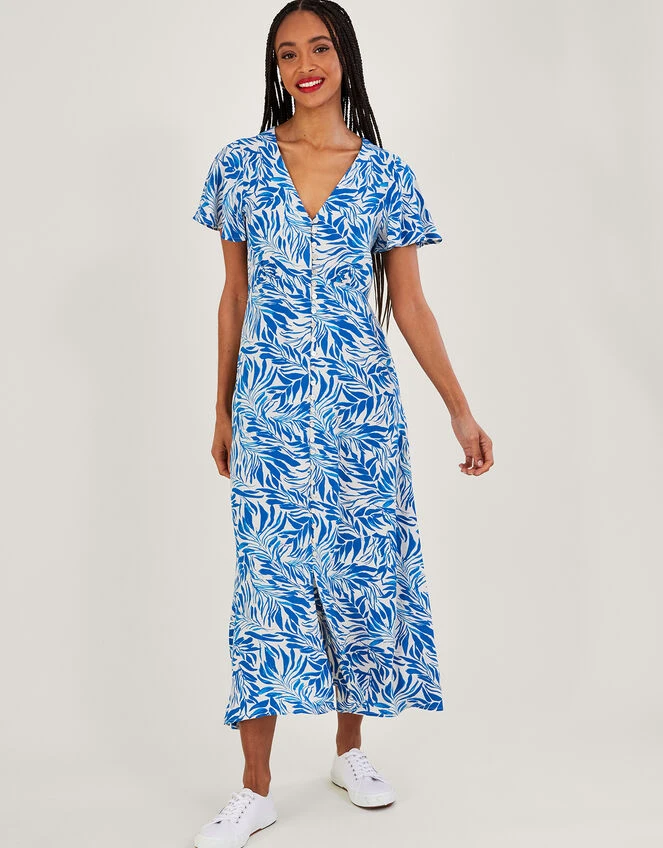 MONSOON Florence Leaf Print Tea Dress In Sustainable Viscose Blue 4 MONSOON Florence Leaf Print Tea Dress In Sustainable Viscose Blue - Image 2