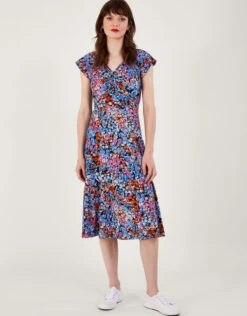 MONSOON Twist Detail Ditsy Print Jersey Dress Blue