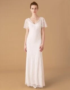 MONSOON Kitty Embellished Flutter Sleeve Bridal Dress Ivory