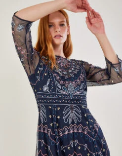 MONSOON Jeannine Embellished Midi Dress In Recycled Polyester Blue -Amour Fashion 22 24059761 2