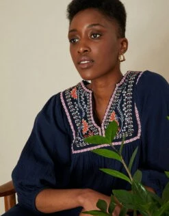 MONSOON Double Faced Embellished Smock Dress In Sustainable Cotton Blue -Amour Fashion 22 34058861 2