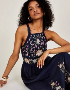 MONSOON Leah Embroidered Midi Dress In Linen Blend Blue -Amour Fashion 22 34072461 2