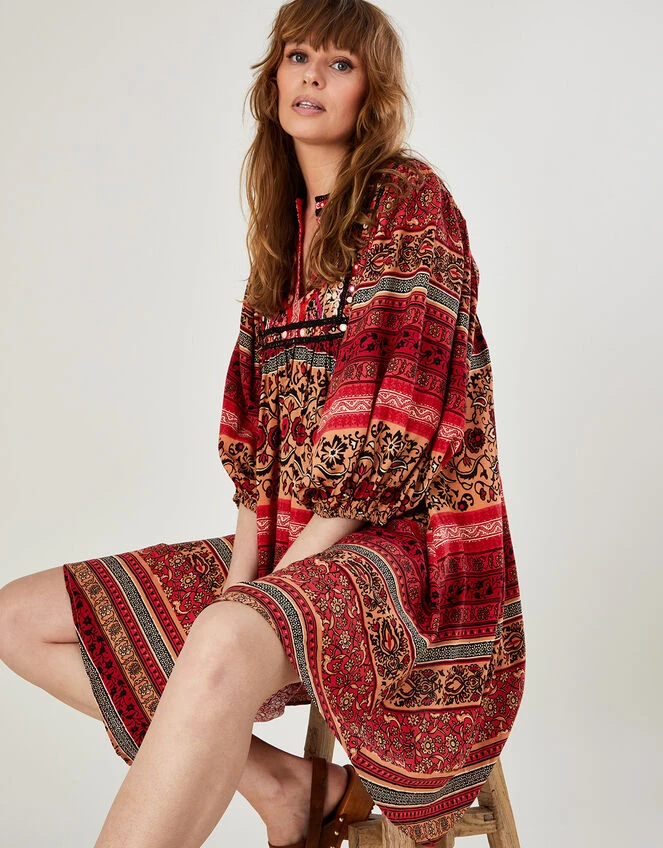 MONSOON Premium Smock Heritage Print Embroidered Dress Orange 4 MONSOON Premium Smock Heritage Print Embroidered Dress Orange - Image 2