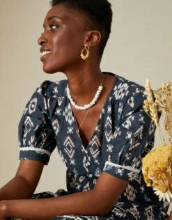 MONSOON V-Neck Button Ikat Print Midi Dress In Sustainable Cotton Blue -Amour Fashion 22 34080061 2