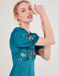 MONSOON Juliette Embroidered Jacquard Midi Dress In Recycled Polyester Teal -Amour Fashion 22 34102379 2