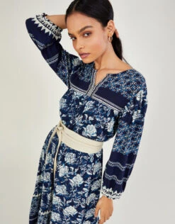 MONSOON Floral Print Jersey Dress In Sustainable Cotton Blue -Amour Fashion 22 34154361 2