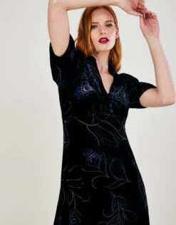 MONSOON Fleur Feather Print Velvet Midi Dress Black -Amour Fashion 22 34170001 2