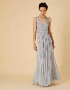 MONSOON Pleated Embellished Maxi Dress Silver -Amour Fashion 22 34315411 2
