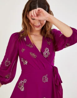 MONSOON Ava Embellished Wrap Dress In Recycled Polyester Pink -Amour Fashion 22 44125010 2