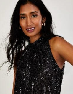 MONSOON Aly Sequin Feather Trim Halter Dress Black -Amour Fashion 22 45080401 2