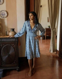 MONSOON Faye Geometric Print Embroidered Dress In LENZING™ ECOVERO™ Blue -Amour Fashion 22 54017902 6