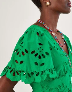 MONSOON V-Neck Tiered Broderie Dress Green -Amour Fashion 22 54024107 2