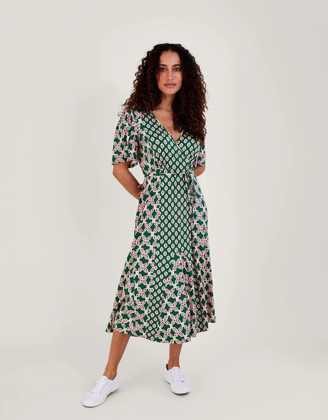 MONSOON Contrast Geometric Print Wrap Midi Dress Green 4 MONSOON Contrast Geometric Print Wrap Midi Dress Green - Image 2