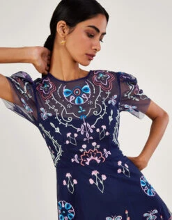 MONSOON Leor Embroidered Midi Dress In Recycled Polyester Blue -Amour Fashion 22 54083961 2