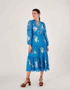 MONSOON Belle Tiered Dress In Recycled Polyester Blue -Amour Fashion 22 54085602 1