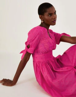 MONSOON Embroidered Dobby Dress In Sustainable Cotton Pink -Amour Fashion 22 54143010 2