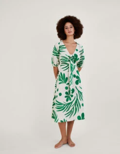 MONSOON Abstract Palm Print Tie Front Midi Dress Green -Amour Fashion 22 54154907 1