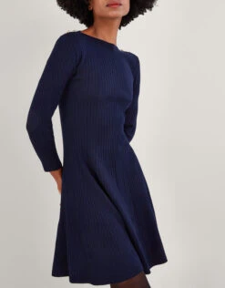 MONSOON Button Detail Ribbed Fit And Flare Dress With Recycled Polyester Blue -Amour Fashion 22 54179361 2