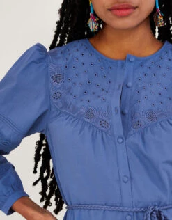 MONSOON Bib Embroidered Detail Dress In Sustainable Cotton Blue -Amour Fashion 22 54287102 2