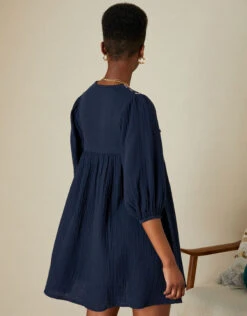 MONSOON Double Faced Embellished Smock Dress In Sustainable Cotton Blue -Amour Fashion 23 34058861 3