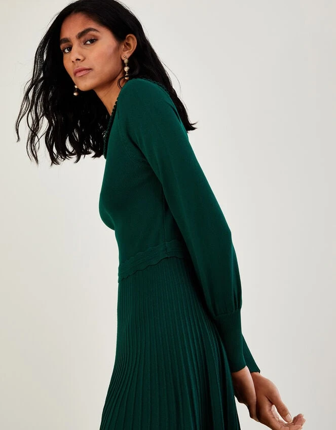 MONSOON Pleat Trim Slash Neck Midi Dress Green 4 MONSOON Pleat Trim Slash Neck Midi Dress Green - Image 2