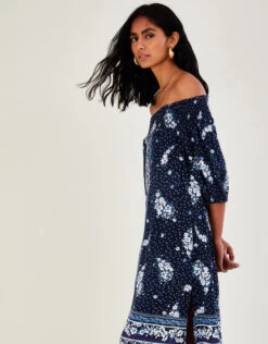 MONSOON Printed Shirred Off-Shoulder Dress In LENZING™ ECOVERO™ Blue -Amour Fashion 23 34738261 2