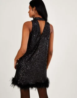 MONSOON Aly Sequin Feather Trim Halter Dress Black -Amour Fashion 23 45080401 3