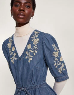 MONSOON Embroidered Denim Midi V-Neck Dress Blue -Amour Fashion 23 54005839 2