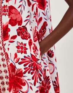 MONSOON Print Midi Dress In Linen Blend Red -Amour Fashion 23 54020809 2