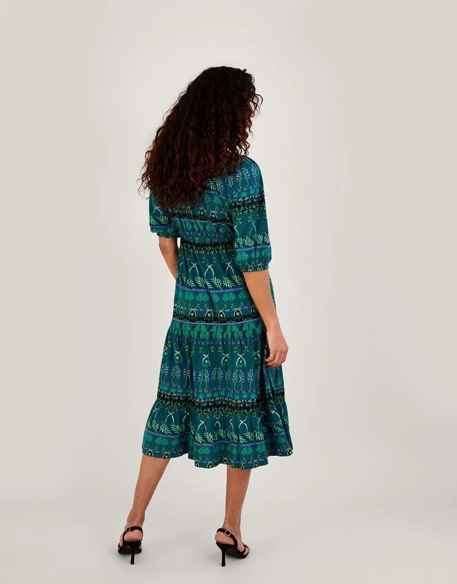 MONSOON Tiered Leaf Print Midi Jersey Dress With Sustainable Cotton Green 5 MONSOON Tiered Leaf Print Midi Jersey Dress With Sustainable Cotton Green - Image 3