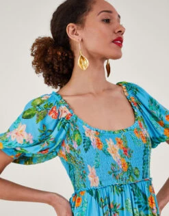 MONSOON Limella Floral Print Shirred Dress In Sustainable Viscose Blue -Amour Fashion 23 54087302 2
