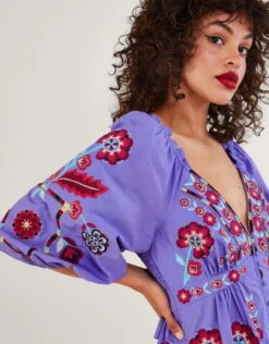 MONSOON Serena Embroidered Knee-Length Dress Purple -Amour Fashion 23 54088404 2