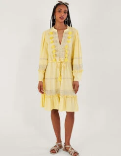 MONSOON Embroidered Pom-Pom Kaftan Dress In LENZING™ ECOVERO™ Yellow -Amour Fashion 23 54143414 2