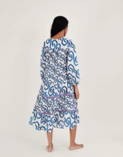 MONSOON Geometric Print Kaftan Dress In Sustainable Cotton Blue -Amour Fashion 23 54150432 3