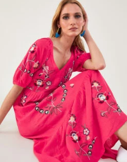 MONSOON Embroidered Midi Dress In Linen Blend Orange -Amour Fashion 23 54265634 2