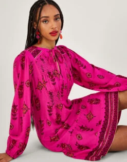MONSOON Keyhole Neckline Print Short Dress Pink -Amour Fashion 23 54265710 2