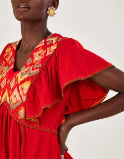 MONSOON Embroidered Ruffle Sleeve Jersey Dress Red -Amour Fashion 23 54294109 2