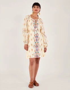 MONSOON Aztec Print And Embroidered Short Dress Ivory -Amour Fashion 23 54294446 2