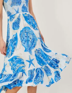 MONSOON Shell Print Shirred Bandeau Midi Dress Ivory -Amour Fashion 23 54298546 2