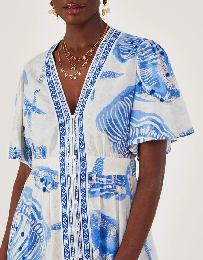 MONSOON Shell Print Maxi Kaftan Dress In Linen Blend Ivory 5 MONSOON Shell Print Maxi Kaftan Dress In Linen Blend Ivory - Image 3