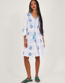 MONSOON Geometric Diamond Embroidered Kaftan Dress In LENZING™ ECOVERO™ White -Amour Fashion 23 54306613 2