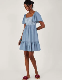 MONSOON Embroidered Short Denim Dress Blue -Amour Fashion 23 54309339 2