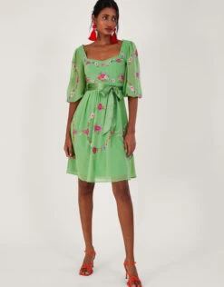 MONSOON Emelia Floral Embroidered Dress In Recycled Polyester Green -Amour Fashion 23 64018807 2